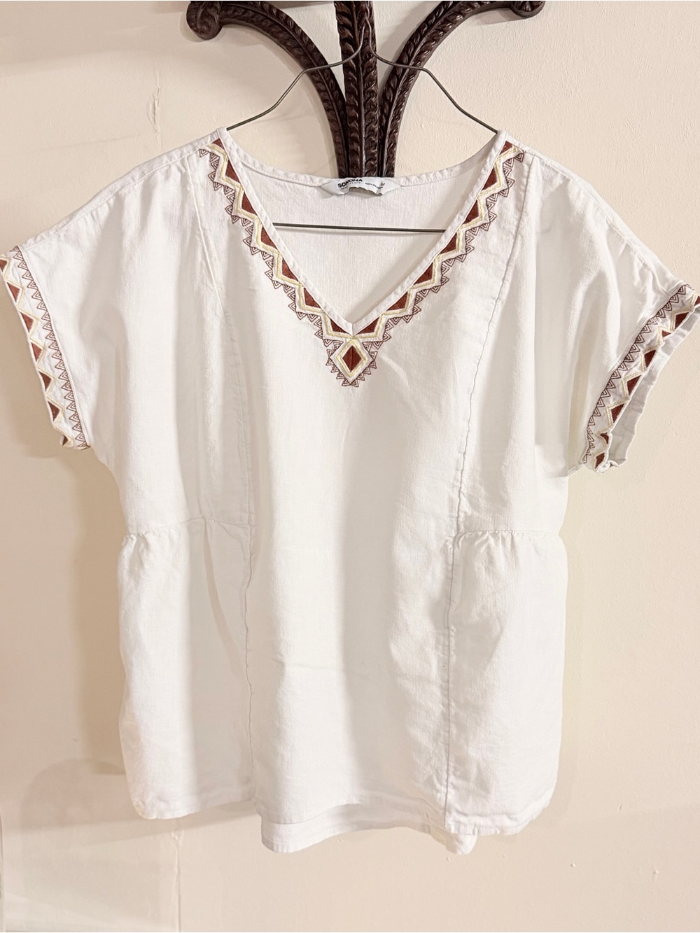 Sonoma Linen Blend Embroidered Boho Peasant Top White Medium Coastal Cottage